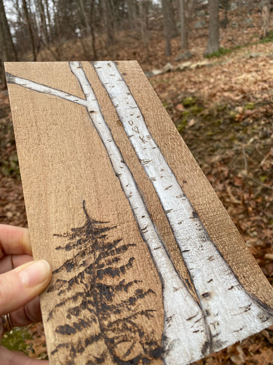 Custom White Birch Trees Hand Wood Burned Art.