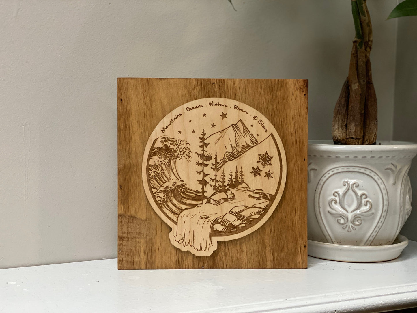 Mountains & Oceans Wood Block Art (Stained Oak)
