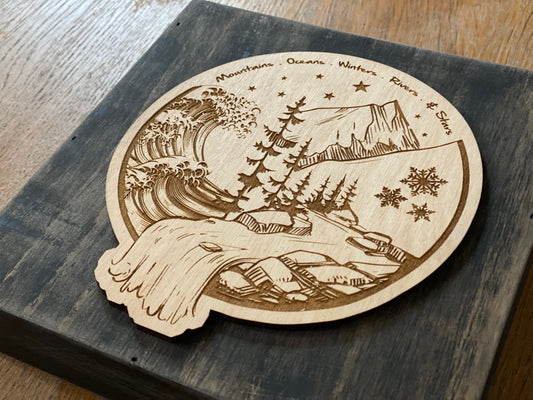 Mountains & Oceans Wood Block Art (Black Rub)