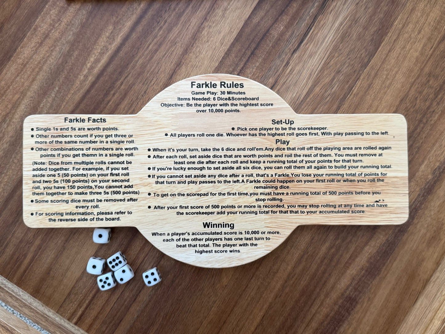 Custom Wood Farkle Game Board