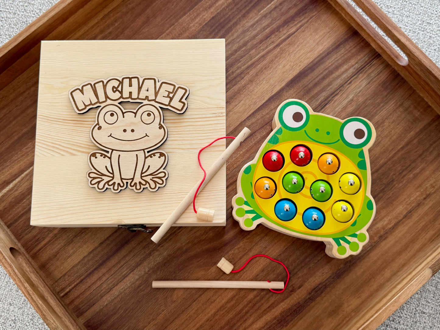 Custom Wood Box With Kids Magnetic Frog Fishing Game