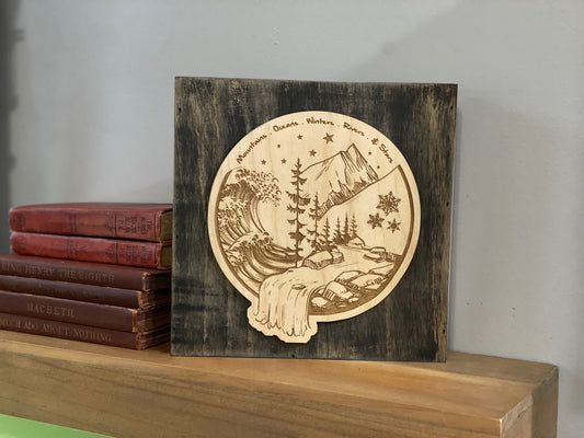 Mountains & Oceans Wood Block Art (Black Rub)