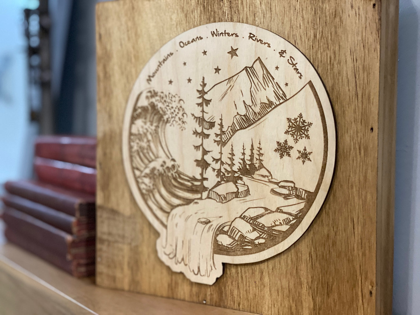 Mountains & Oceans Wood Block Art (Stained Oak)