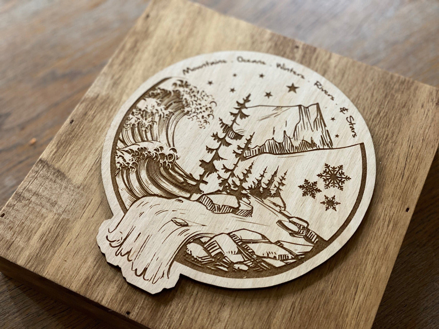Mountains & Oceans Wood Block Art (Stained Oak)