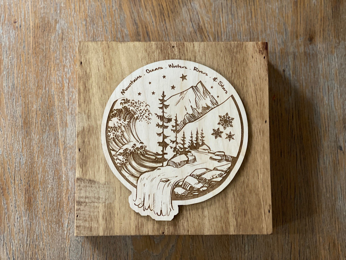 Mountains & Oceans Wood Block Art (Stained Oak)