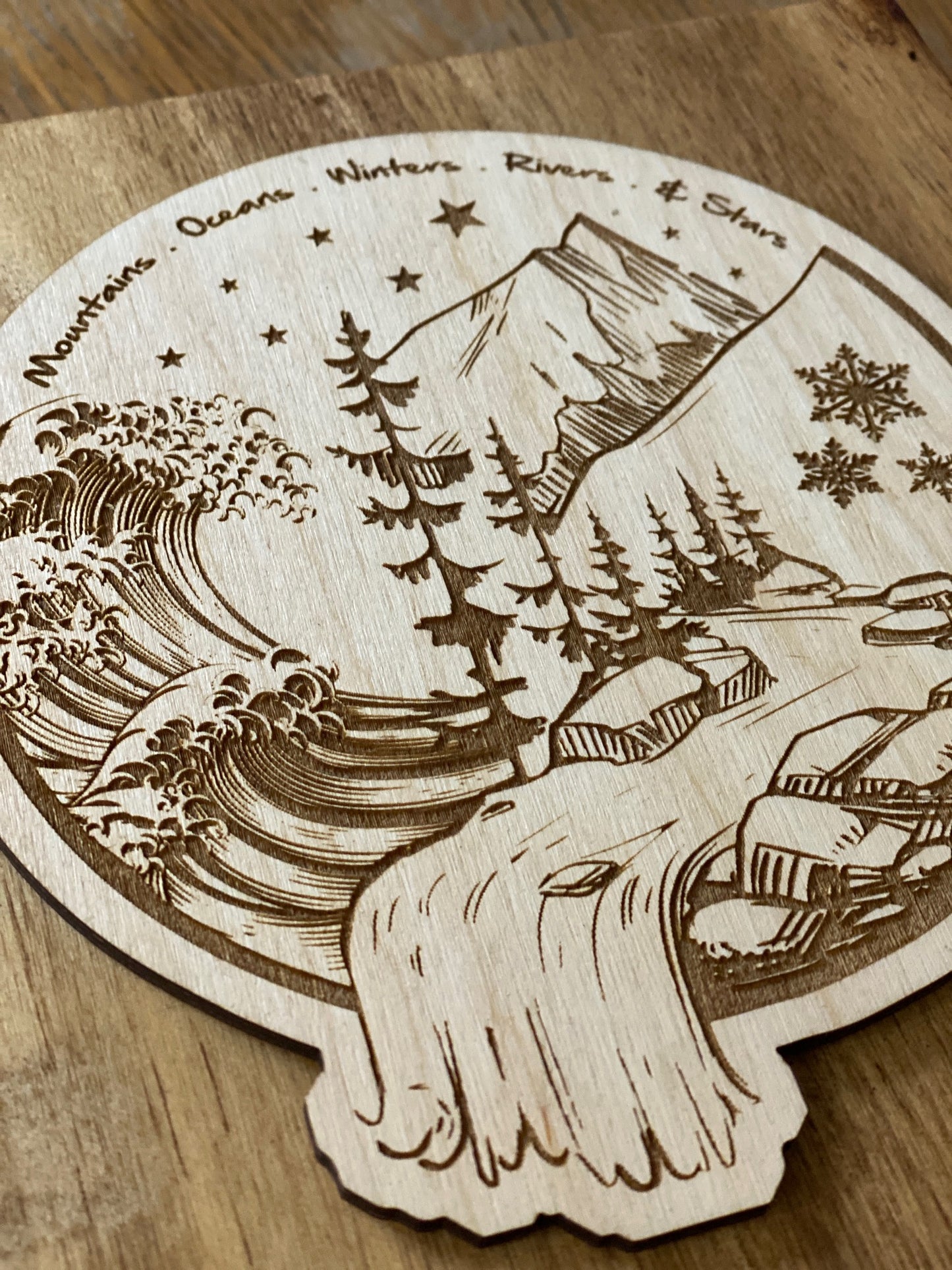 Mountains & Oceans Wood Block Art (Stained Oak)