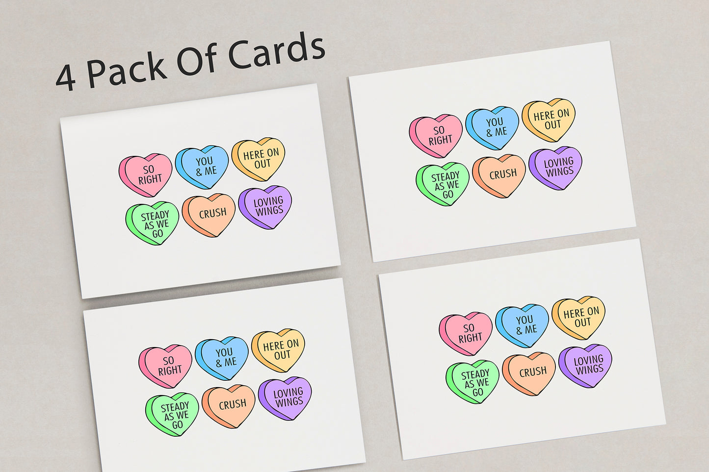 Bundle of 4 Candy Hearts Valentines Day Cards